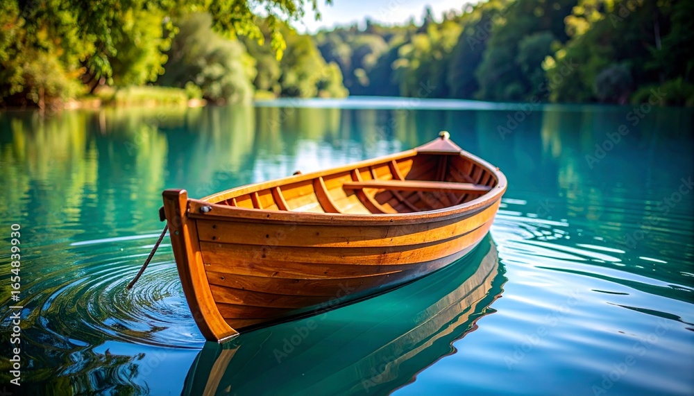 Obraz premium Realistic wooden paddle gently dipping into calm blue lake water, creating soft ripples, natural outdoor lighting, vibrant colors, serene and peaceful atmosphere, high detail, neutral background, maxi