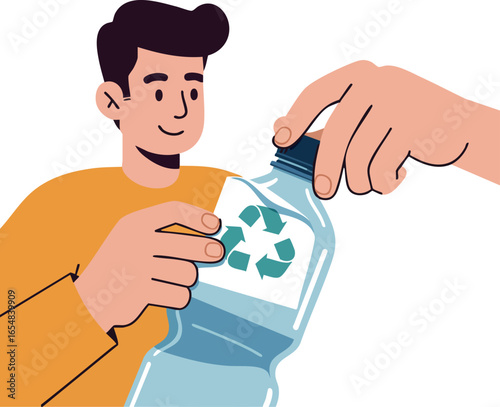 Man Recycling Plastic Bottle Environmental Protection Awareness Vector Illustration 