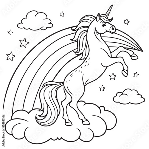 Outline drawing of unicorn with rainbow on cloud coloring book page