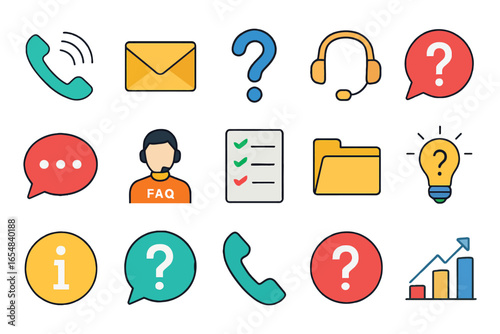 Colorful customer support and information icons set in flat design style
