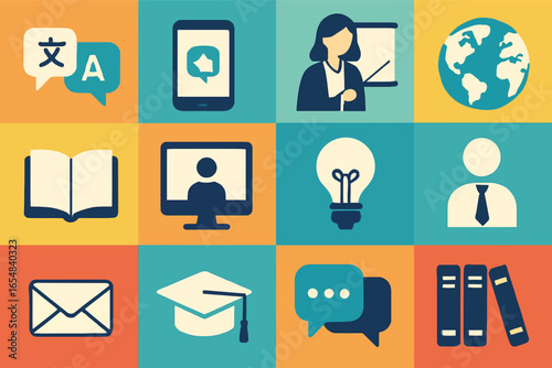 Education and communication icons in a flat multicolor grid design