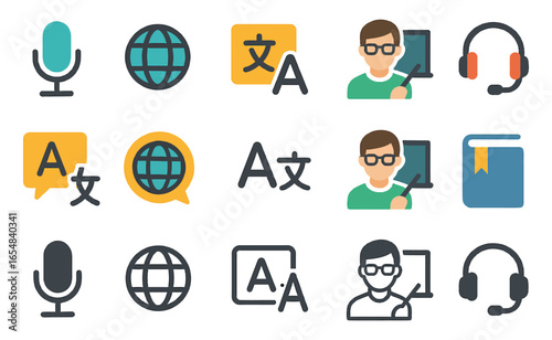 Language learning icons set: diverse communication and translation symbols