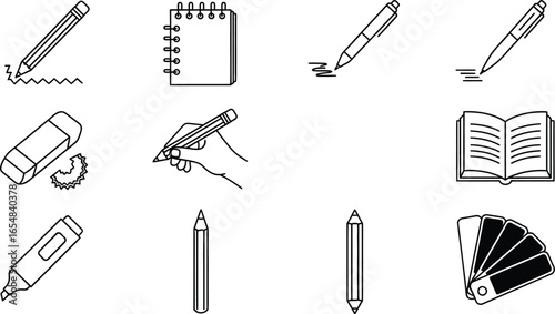 Essential writing tools notebook pencil pen eraser book and marker icons
