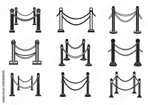 Barriers with rope silhouette vector Set