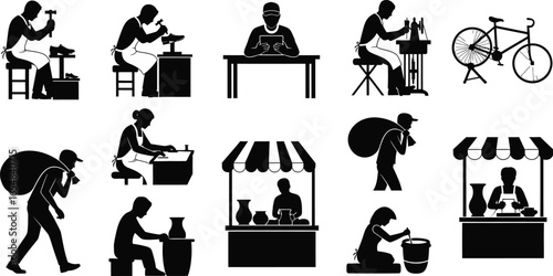 Diverse artisans crafting goods, selling wares, and working diligently