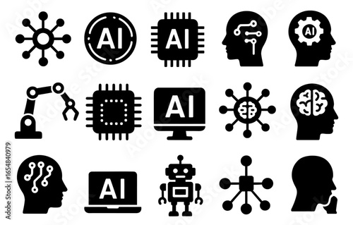 Abstract ai technology icons: robotics and neural networks silhouette collection