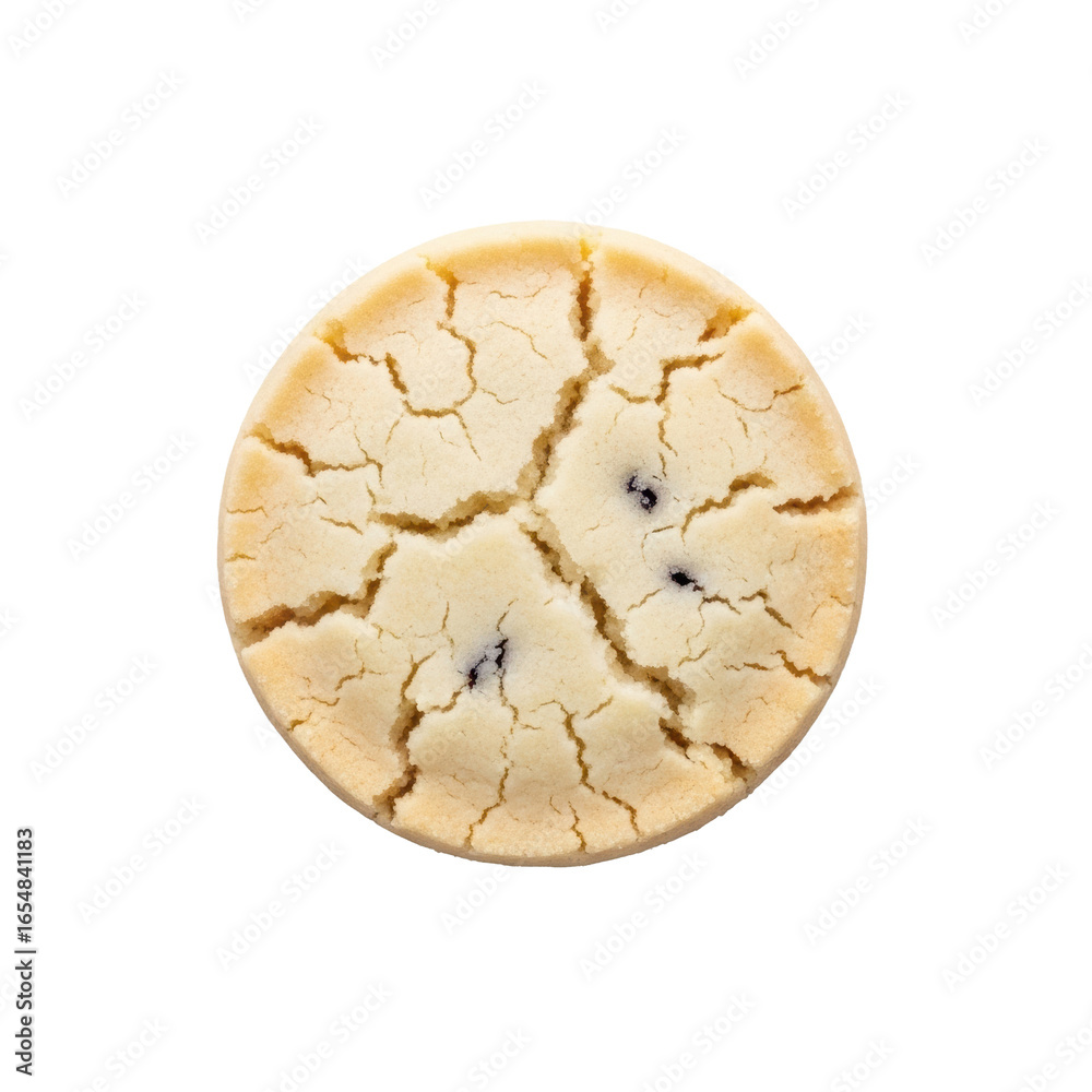 Macro shot: pale, translucent almond shortbread biscuit with delicate cracks, tiny vanilla flecks, on white background, minimalist confectionery concept Macro shot: pale, translucent almond shortbread biscuit with delicate cracks, tiny vanilla flecks, on white background, minimalist confectionery concept