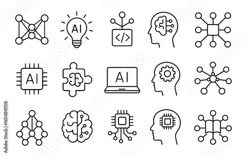 Minimalist technology icons featuring ai and neural networks for modern applications