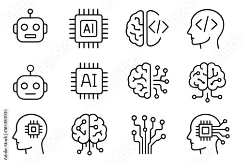 Simple icons of ai, robots, and human brain connections in linear style
