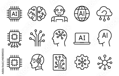 Artificial intelligence line icons: circuitry, robots, and neural networks