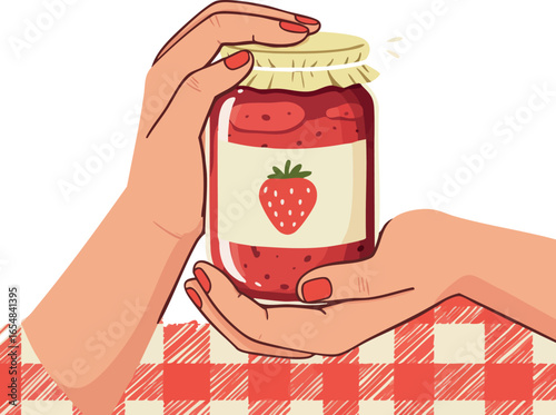 Hands holding strawberry jam jar with red gingham cloth background vector illustration 