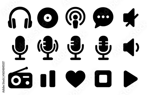 Simple black audio and music icons set: headphones, microphones, media controls, and more