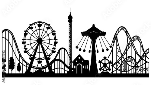 Silhouette theme park skyline with rides and attractions