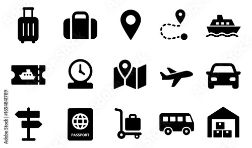 Travel and transportation icons set for navigation and booking platforms