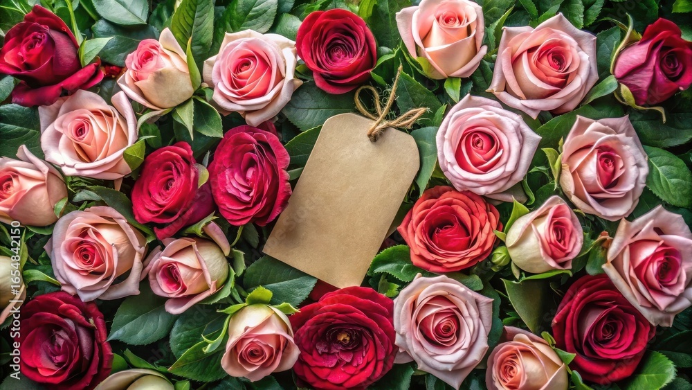 Obraz premium A Blank Tag Nestled Among a Bountiful Arrangement of Vivid Pink and Red Roses, a Romantic Floral Display