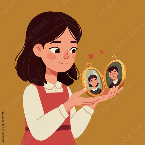 Woman holding vintage golden photo lockets with romantic couple portraits vector illustration 