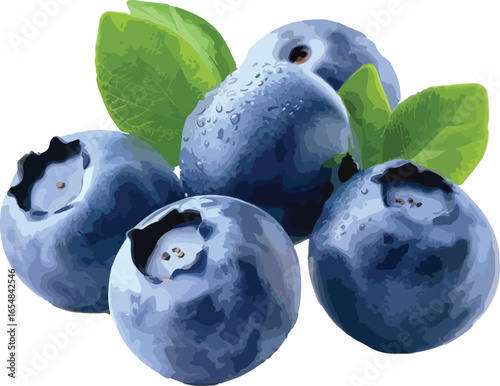 Fresh and juicy blueberries with leaves illustrated in a realistic digital art style