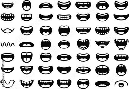 Cartoon Mouth Expressions Vector Set Funny Lips, Teeth and Smile Icons Collection, cartoon mouth vector, funny lips icons, smile expressions set, teeth and lips clipart, emoji mouth collection
