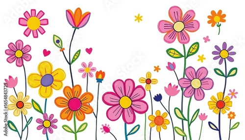 Whimsical, colorful flower doodles; childlike art style, abstract floral shapes,  hand-drawn,  childlike