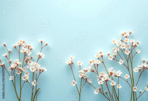 Elegant pastel blue background with a delicate, seamless ditsy print of small abstract white flowers, template, wallpaper