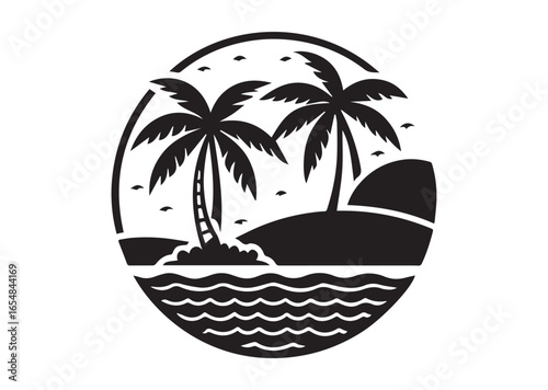 Tropical beach silhouette black vector white background