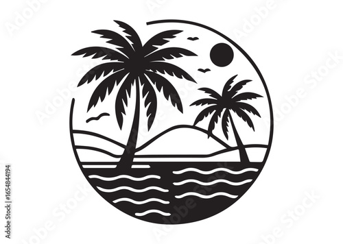 Tropical beach silhouette black vector white background