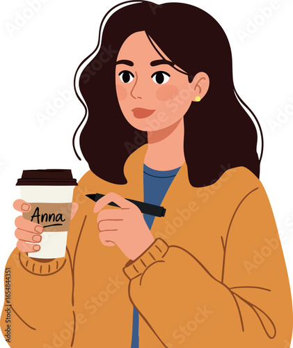 Woman writing name on coffee cup with marker in casual sweater vector illustration 