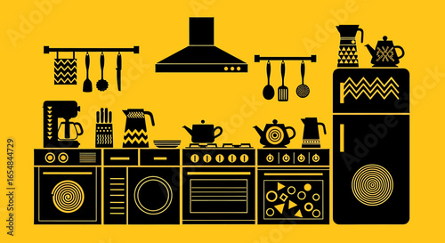 Stylized Kitchen Illustration Featuring Appliances, Utensils, and Decorative Elements