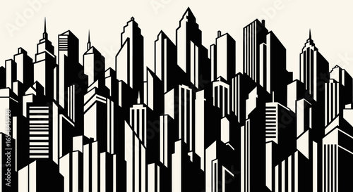 Geometric Cityscape Depicting Modern Architecture with Contrasting Black and White Tones