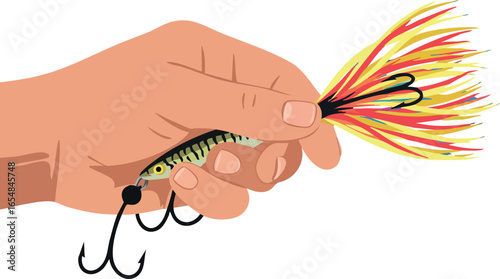 Hand Holding Colorful Feathered Fishing Lure for Outdoor Angling Use Vector Illustration 