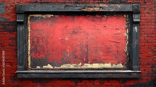 A cinematic close-up photo of a red brick wall with a large, rectangular wooden frame holding a tattered, peeling, and heavily distressed vintage poster