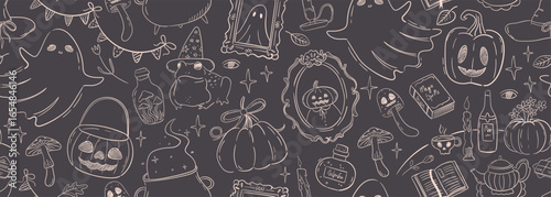 Seamless vector banner with cute whimsical sketch illustrations for halloween party. Hand drawn autumn pattern for coquette wallpaper, wrapping paper, textile. Spooky magic background