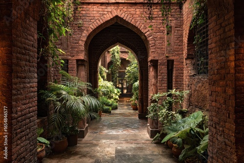 Brick archway walkway. Lush greenery