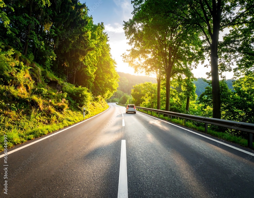 Fototapeta premium Winding road through lush green forest at sunset
