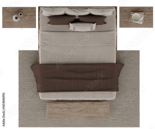 Bild auf Leinwand Isolated modern double bed with pillows, blanket, wooden nightstands and rug – T