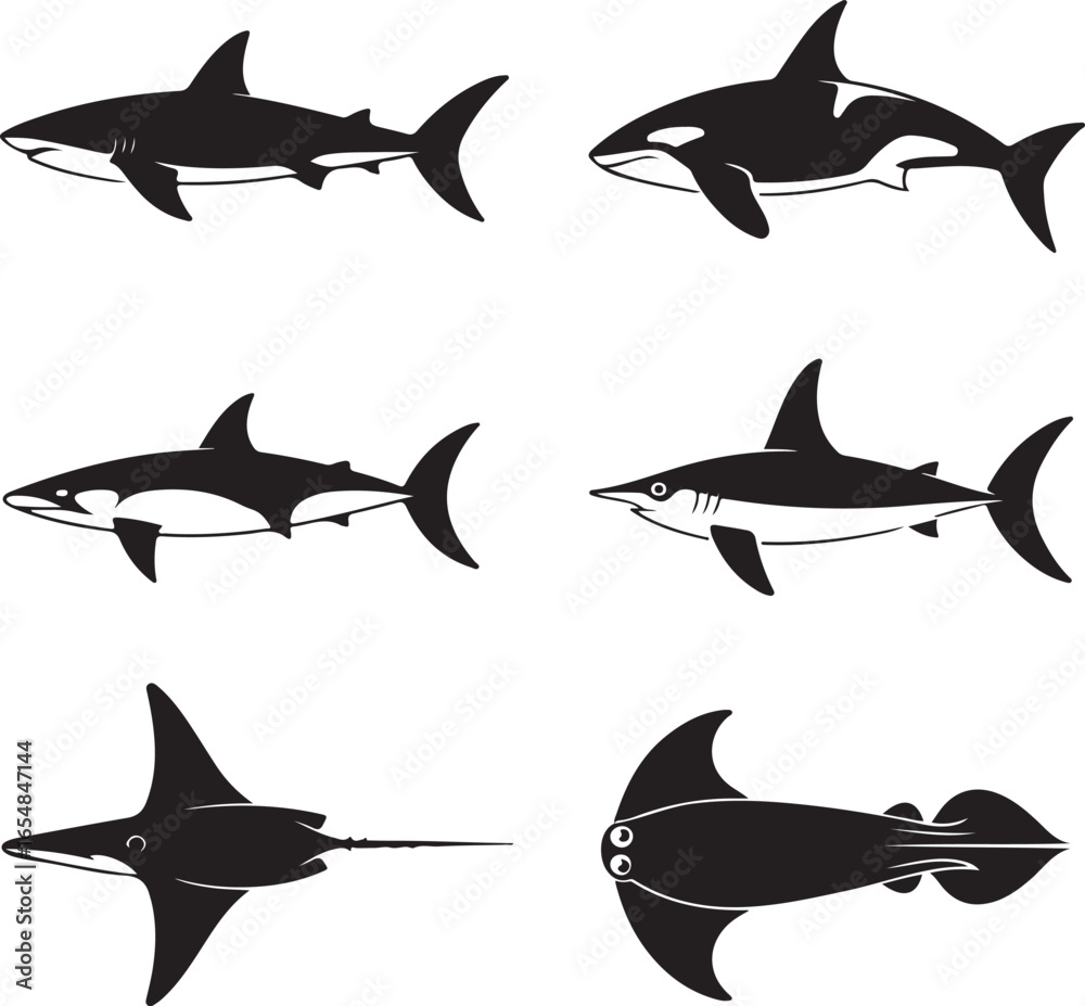 Fototapeta premium Marine life silhouettes featuring sharks orcas swordfish and ray sea creatures ocean animals