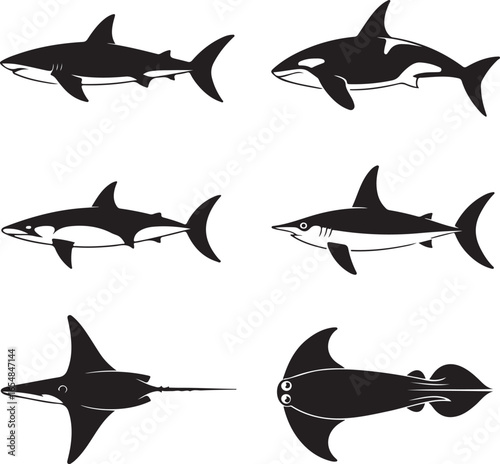 Marine life silhouettes featuring sharks orcas swordfish and ray sea creatures ocean animals