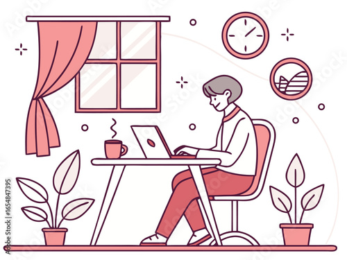 A beautiful cartoon illustration of a woman in a retro dress drinking coffee at a cafe table