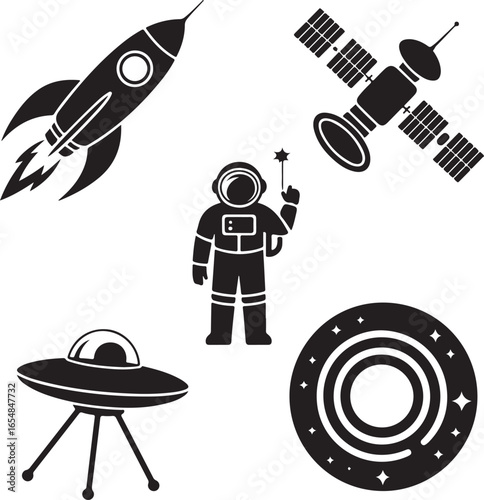 Space exploration icons including rocket ship astronaut UFO and satellite vector illustration