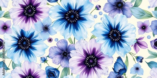 Rustic vintage watercolor floral pattern; large blue & purple blooms, seamless repeat, elegant, purple
