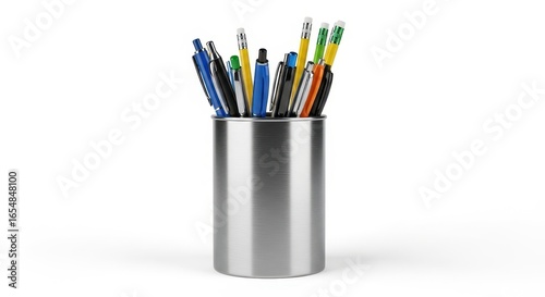 A metallic pen holder filled with various pens and pencils, stationery items arranged, white background, suitable for office supplies and education