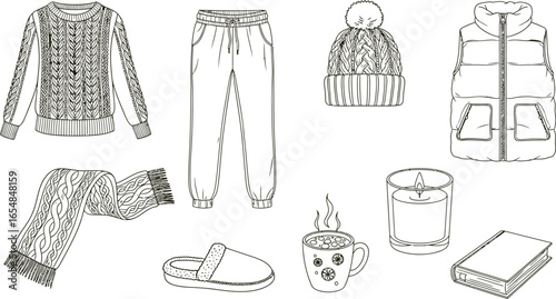Cozy winter essentials: sweater, hat, scarf, vest, slippers, and hot cocoa