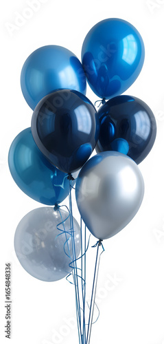 Bunch of blue silver and black balloons isolated on transparent background