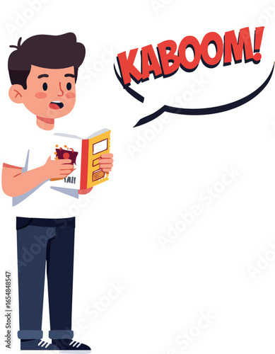Boy reading comic book with kaboom text bubble illustration vector 