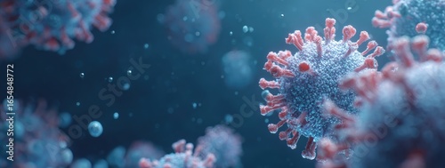 Microscopic virus particles, digitally rendered