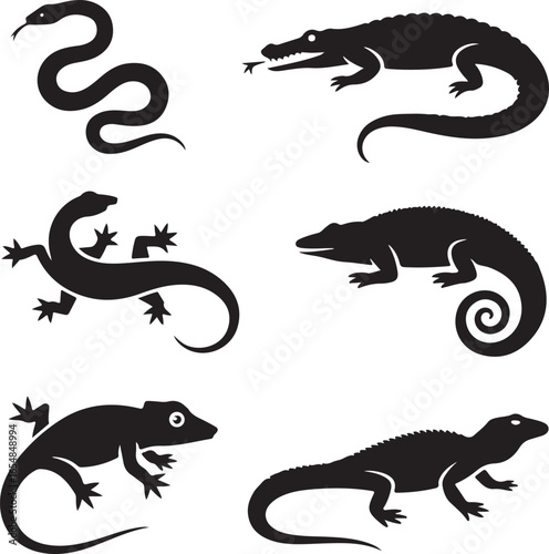 Reptile Silhouettes Snake Crocodile Lizard Alligator Iguana Turtle vector illustration