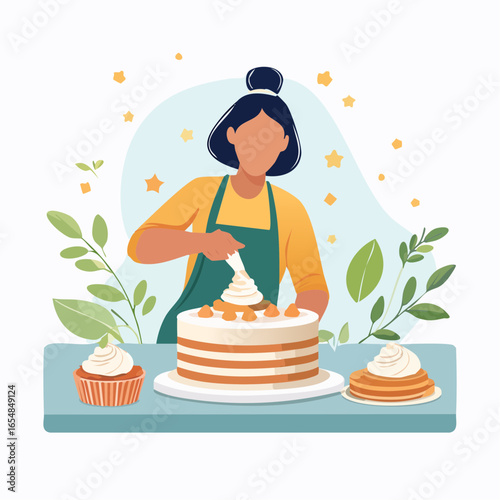 Woman Decorating Layer Cake With Cream