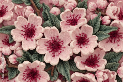 Delicate, detailed floral arrangement of pink blossoms, accented by deep crimson centers, and dark green leaves.