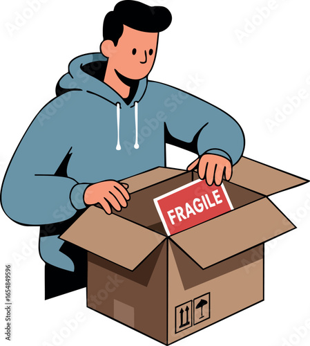 Man unpacking fragile box with blue hoodie casual style vector illustration 