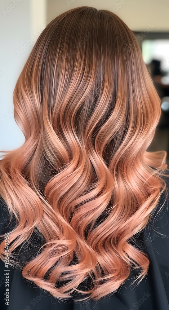 Fototapeta premium Back view of long wavy hair with brown roots and rose gold highlights styled elegantly and neatly